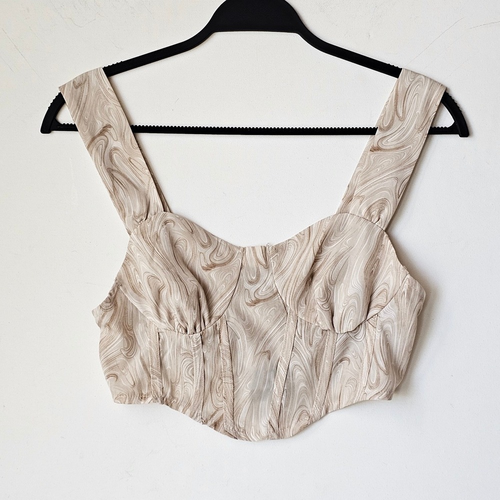 Pretty Garbage Tan Marble‎ Swirl Corset Crop Top Smocked Back Size M NEW